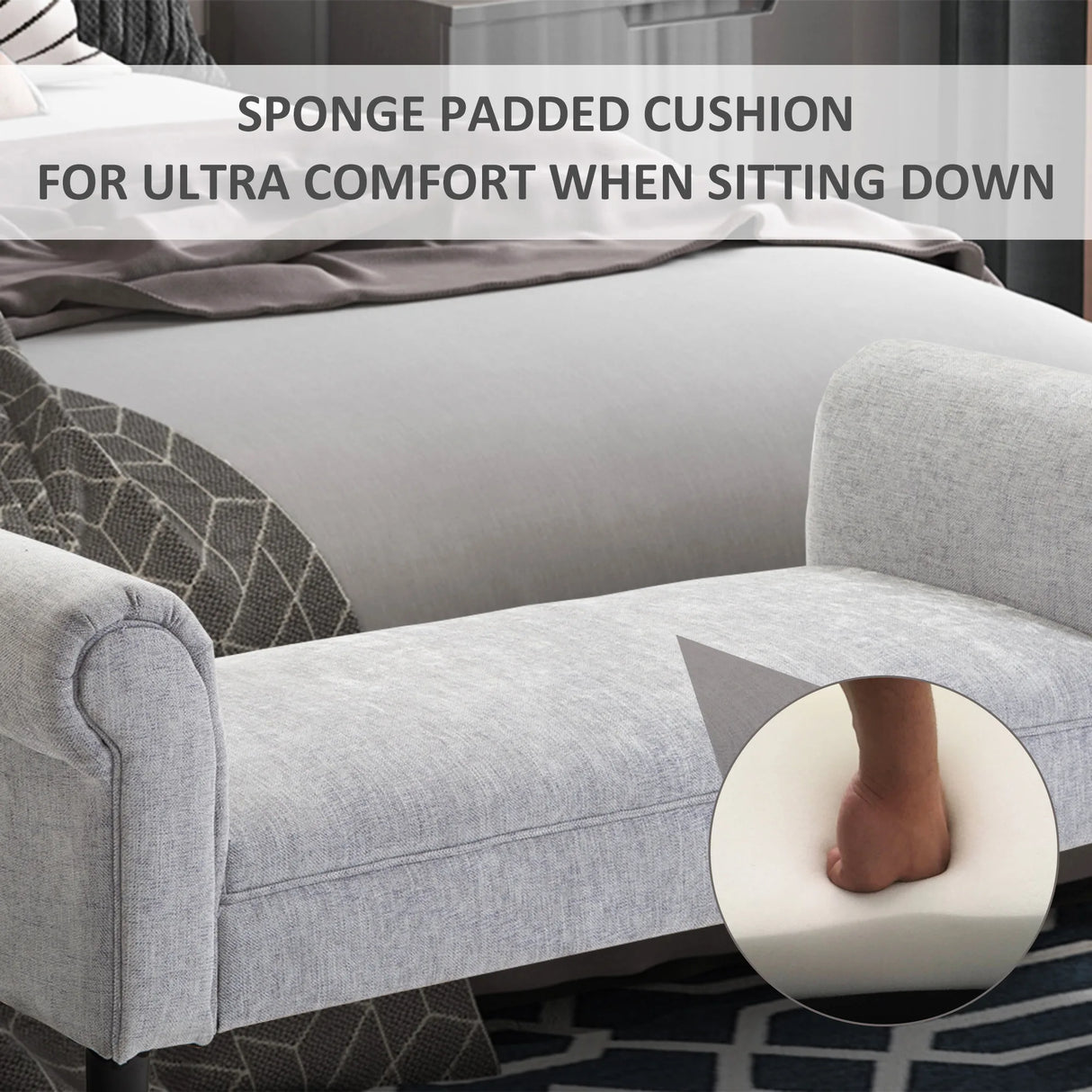 HOMCOM Bed End Bench, Window Seat, Linen Chaise Lounge Sofa with Arm and Wooden Legs for Bedroom, Living Room, Grey