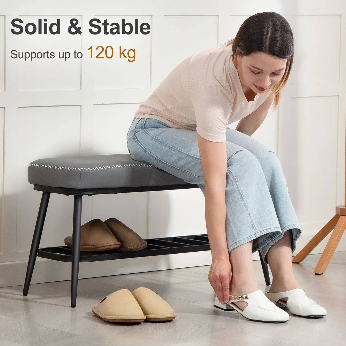 HOMCOM PU Leather Shoe Storage Bench - Grey