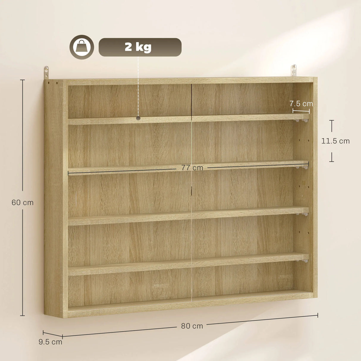 HOMCOM 5-Tier Wall Display Shelf Unit Cabinet w/ 4 Adjustable Shelves Glass Doors Home Office Ornaments 60x80cm Oak
