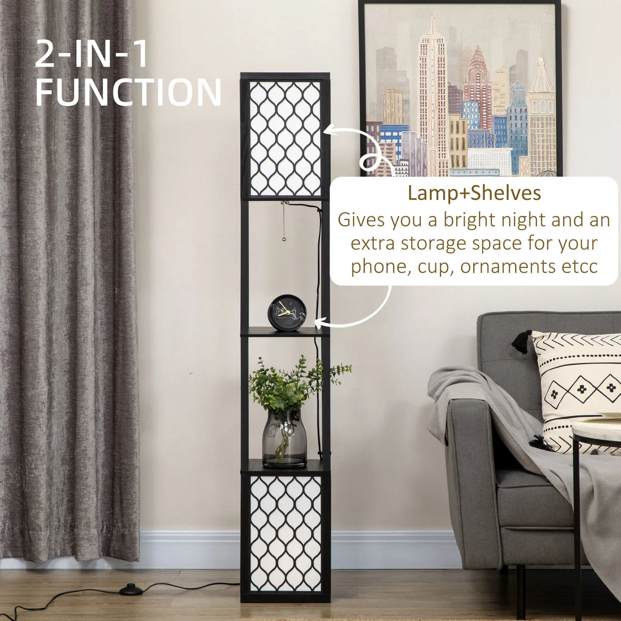 HOMCOM Floor Lamp with Shelves, Dual Light, Modern Tall Standing Lamps for Living Room, Bedroom, with Chain Switch, Bulb not Included, Black