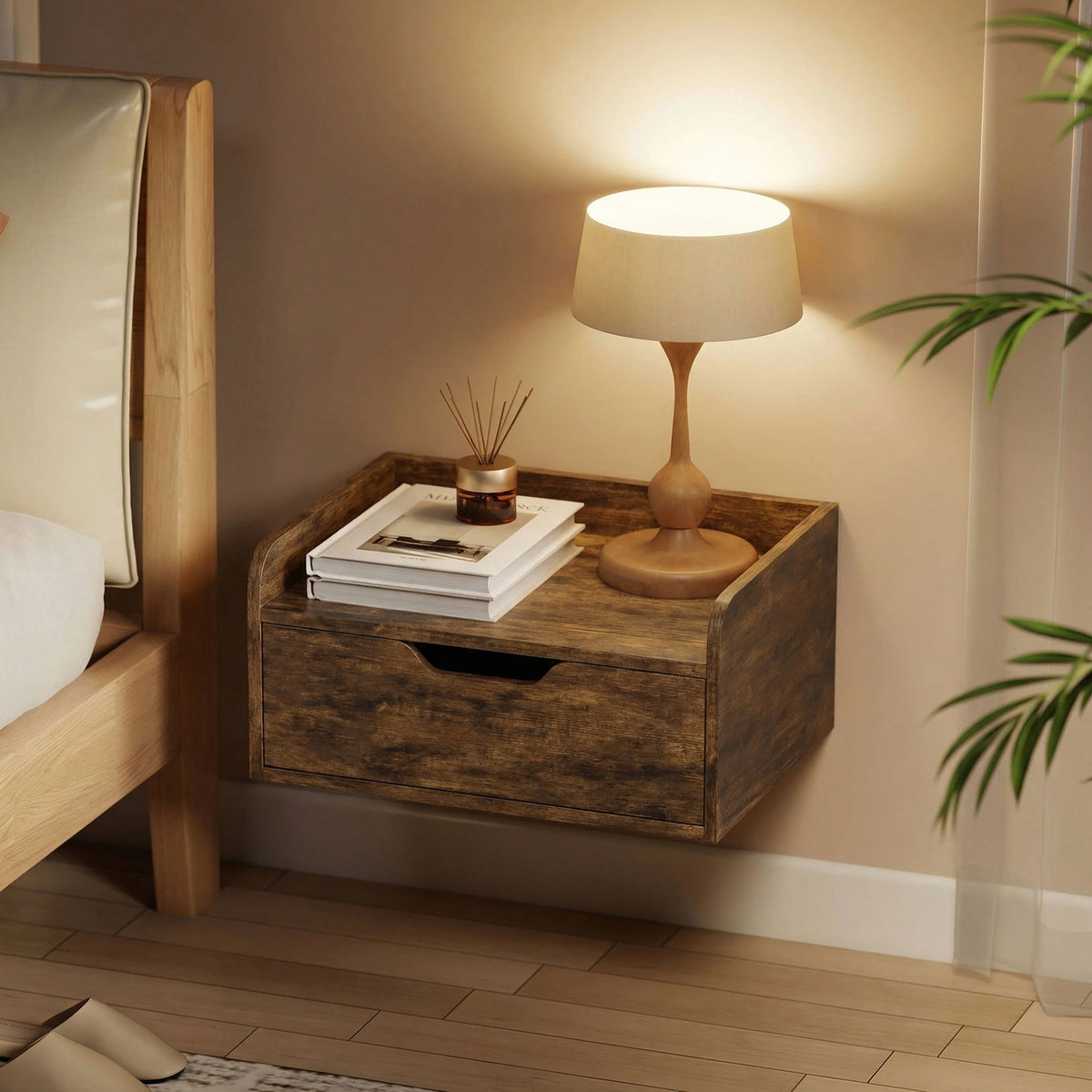 HOMCOM Floating Nightstands Set of 2, Wall Mounted Bedside Table with Drawer for Bedroom, Rustic Brown