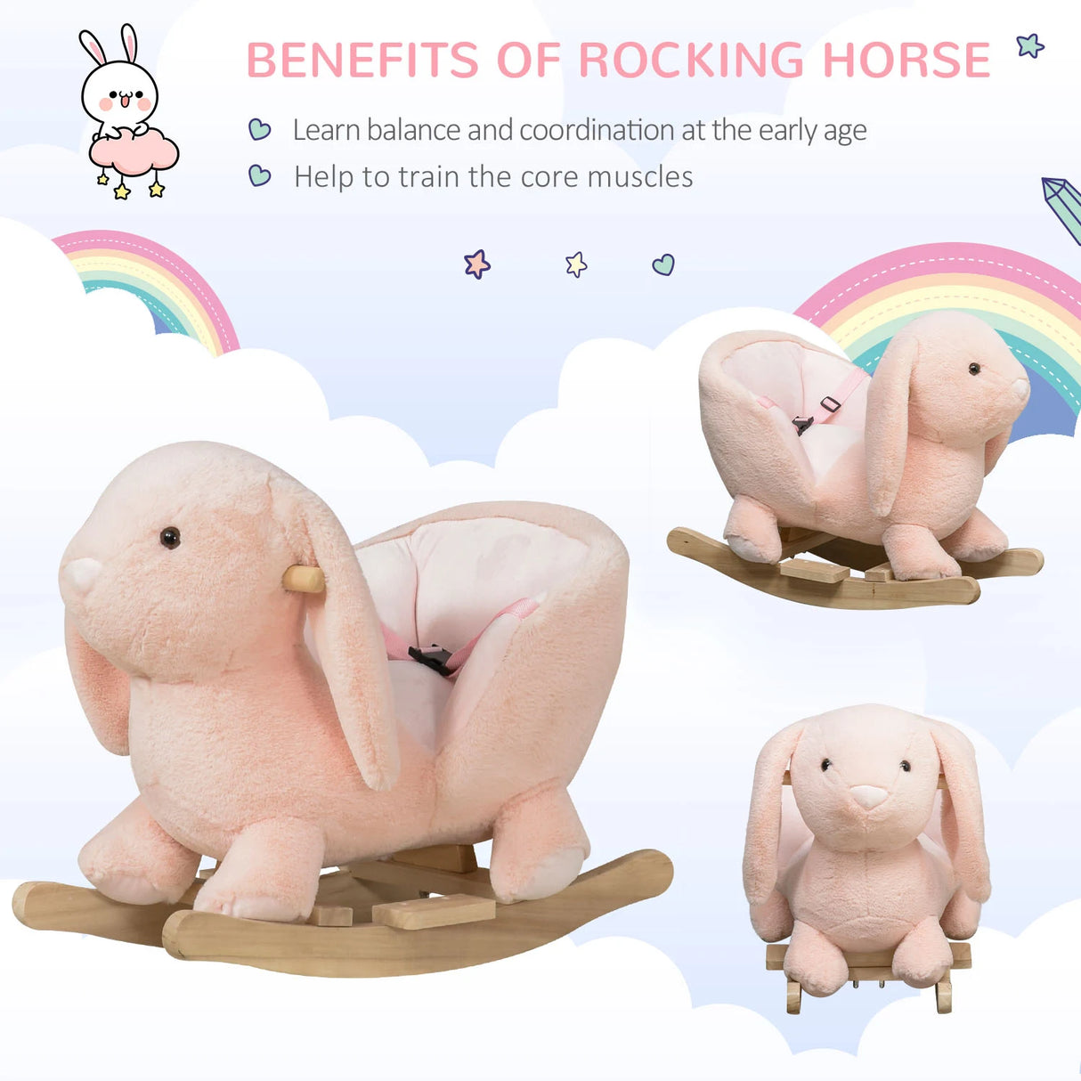 HOMCOM Kids Rocking Rabbit, Plush Rocking Horse Ride-On w/ Sound, Wood Base, Seatbelt, for Ages 18-36 Months, Pink