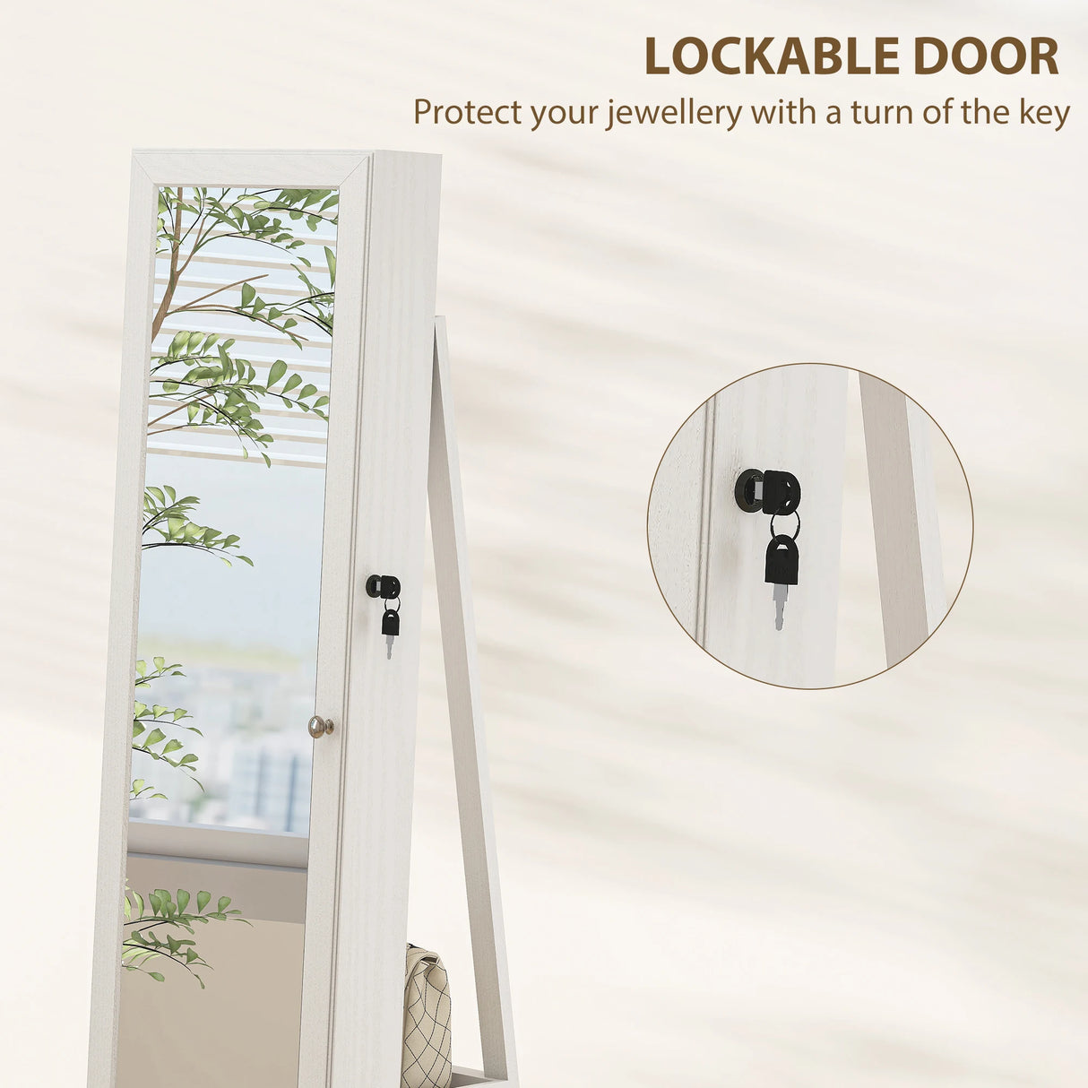 HOMCOM 360 Swivel Jewellery Cabinet, Free Standing Full Length Mirror with Storage, Lockable Jewellery Organiser with Built-in Makeup Mirror and Storage Shelves for Bedroom, White