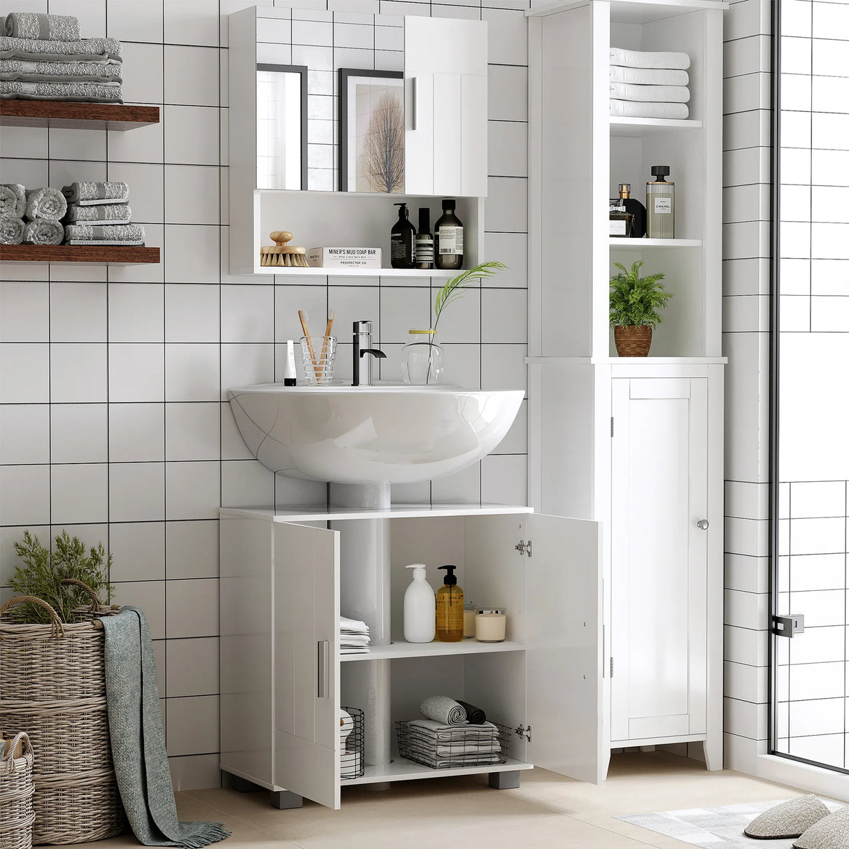 kleankin Bathroom Mirror Cabinet, Wall Mounted Storage Cupboard Organizer with Double Doors and Adjustable Shelf, White