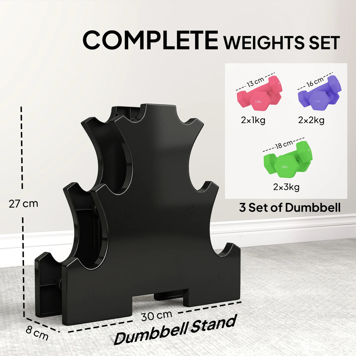 SPORTNOW Hex Dumbbells Set with Dumbbell Rack, Hand Weights for Strength Training Weight Lifting, 2 x 1kg, 2 x 2kg, 2 x 3kg