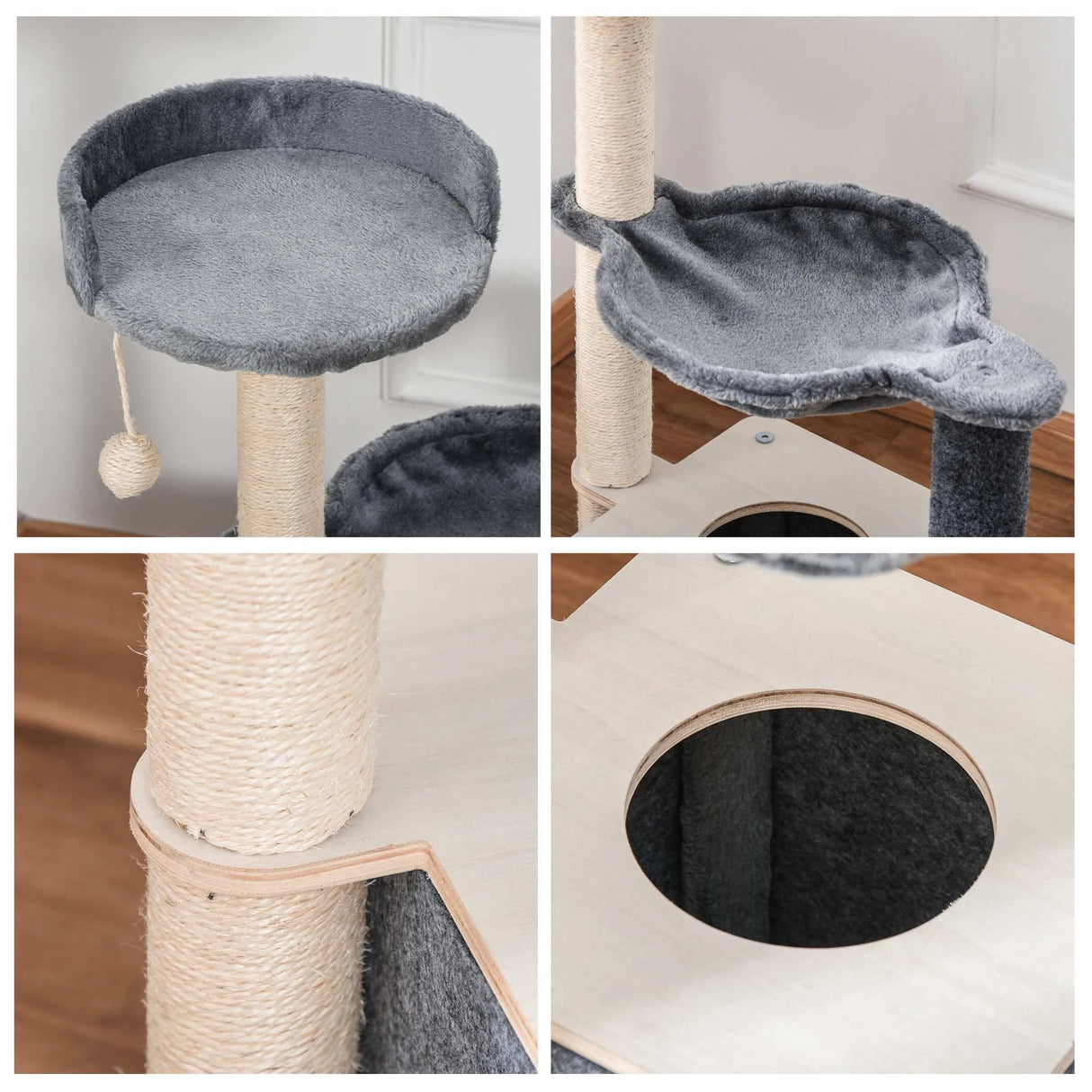 PawHut Cat Tree for Indoor Cats 95cm Climbing Tower Kitten Activity Center with Sisal Scratching Post Perch Roomy Condo Hammock Removable Felt Hanging Toy, Grey