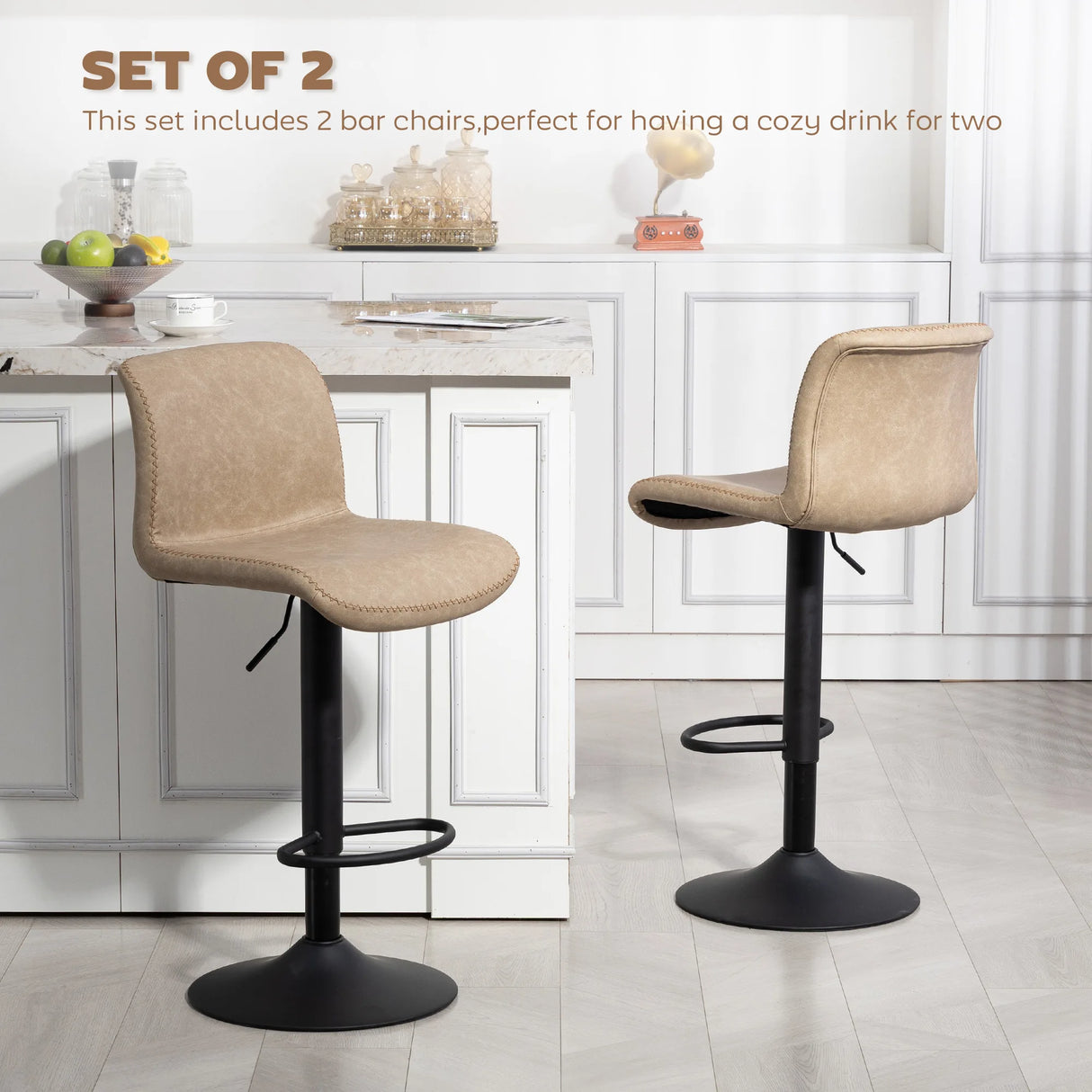 HOMCOM Bar Stools Set of 2, PU Leather Barstools with Backrest and Footrest for Kitchen, Counter, Breakfast Bar, Light Brown
