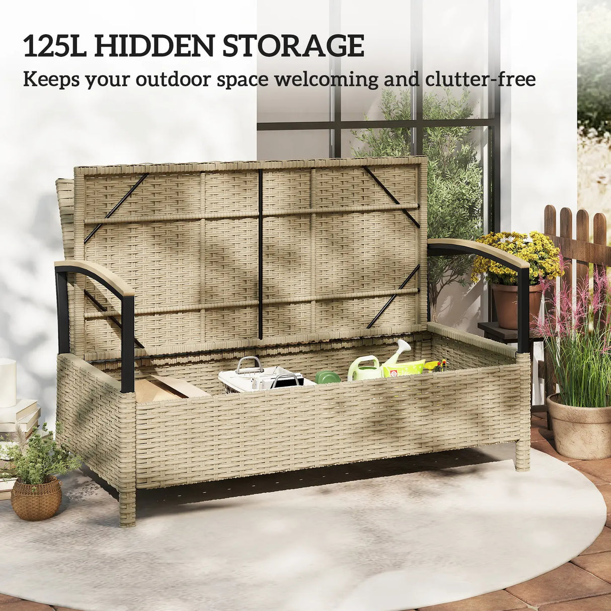 Outsunny 125L Garden Storage Bench, 2 Seater PE Rattan Outdoor Bench Storage Box with Padded Cushion, Khaki