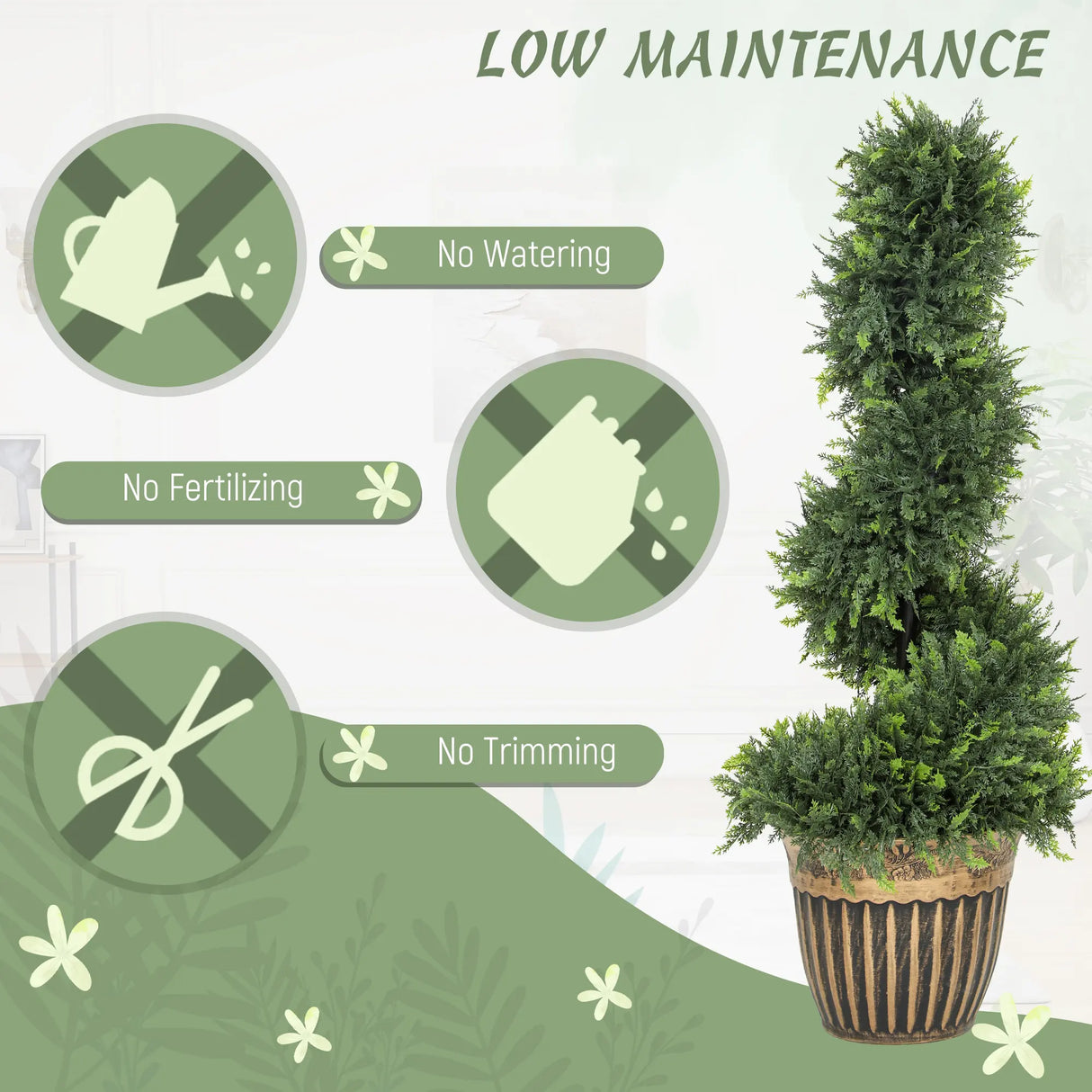 HOMCOM Set of 2 Artificial Plants, Topiary Spiral Boxwood Cypress Trees with Pot, for Home Indoor Outdoor Decor, 90cm
