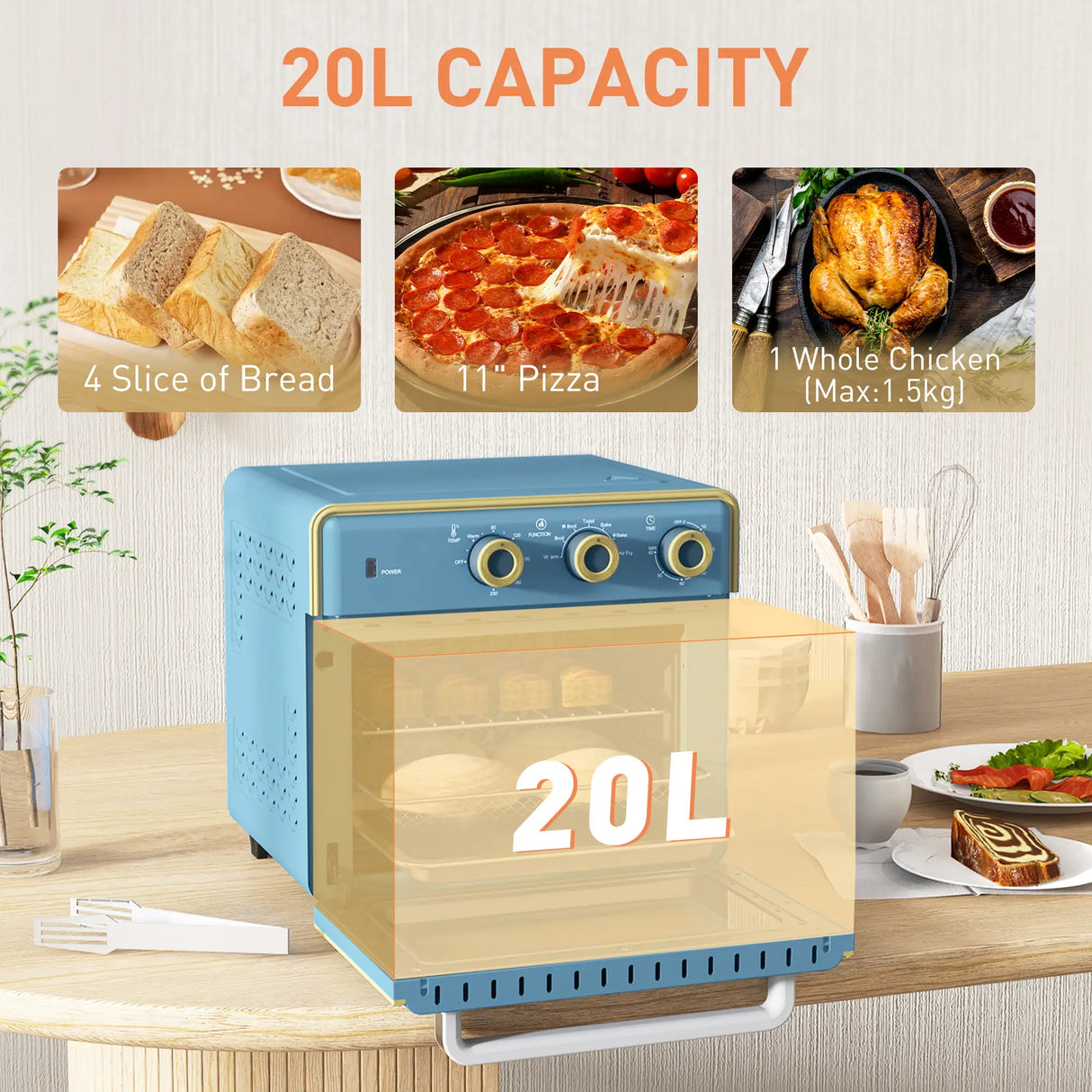 HOMCOM 20L 90-230 Mini Electric Oven - Blue