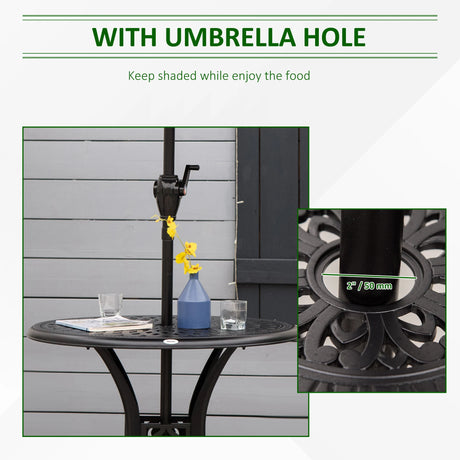 Outsunny 78 cm Round Garden Dining Table with Parasol Hole Antique Cast Aluminium Outdoor Table Only, Black