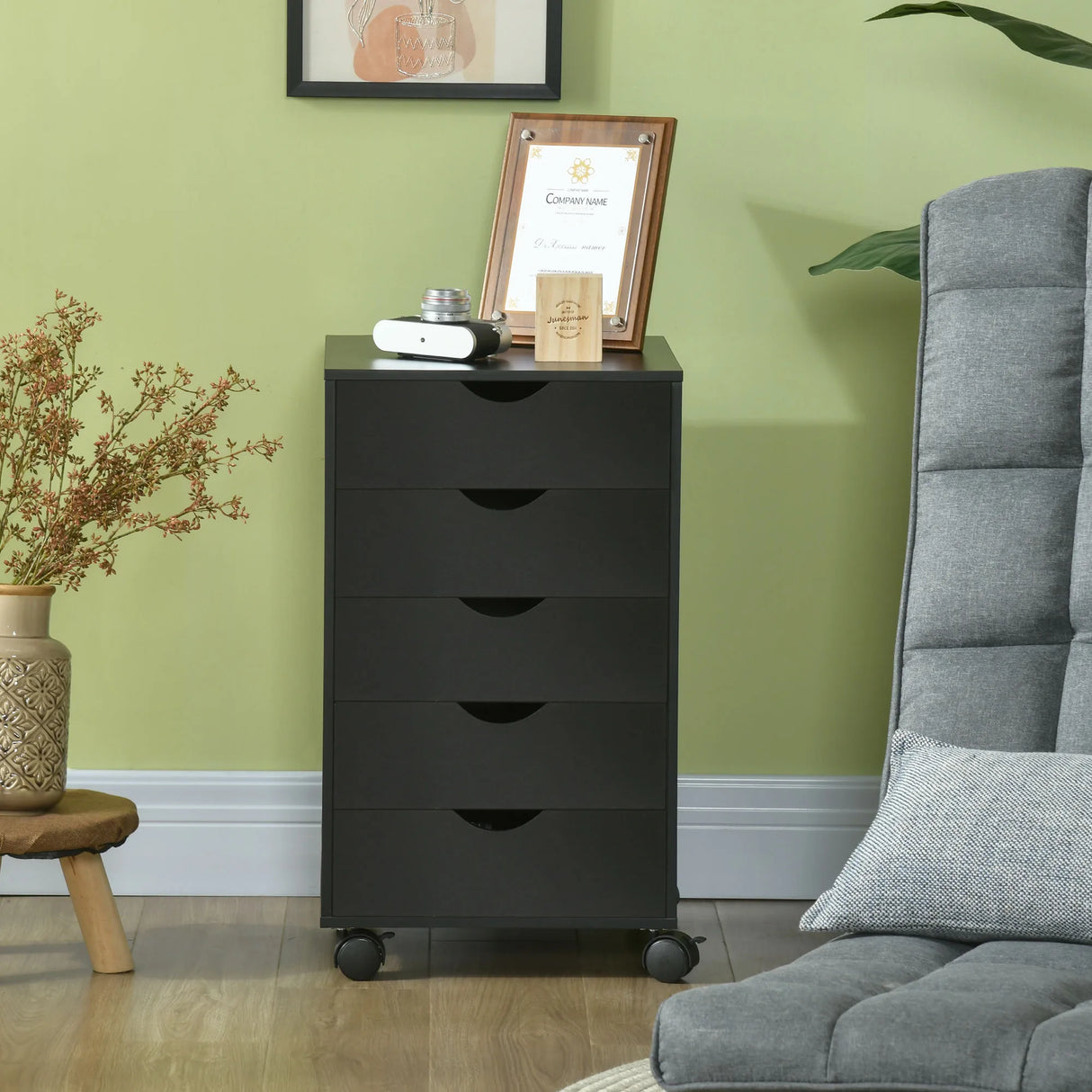 HOMCOM 5 Drawer Mobile Filing Cabinet, Vertical File Cabinet, Modern Rolling Office Storage Organizer Cupboard, Black