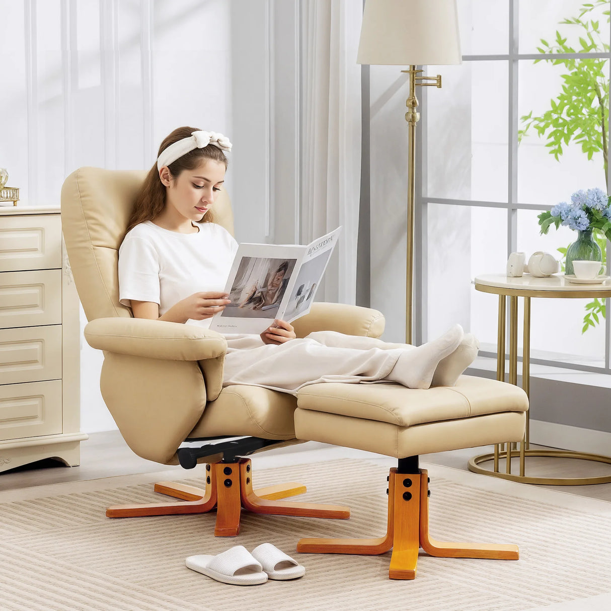 HOMCOM PU Leather Swivel Recliner Chair with Footstool, Wooden Base and Storage for Living Room, Beige