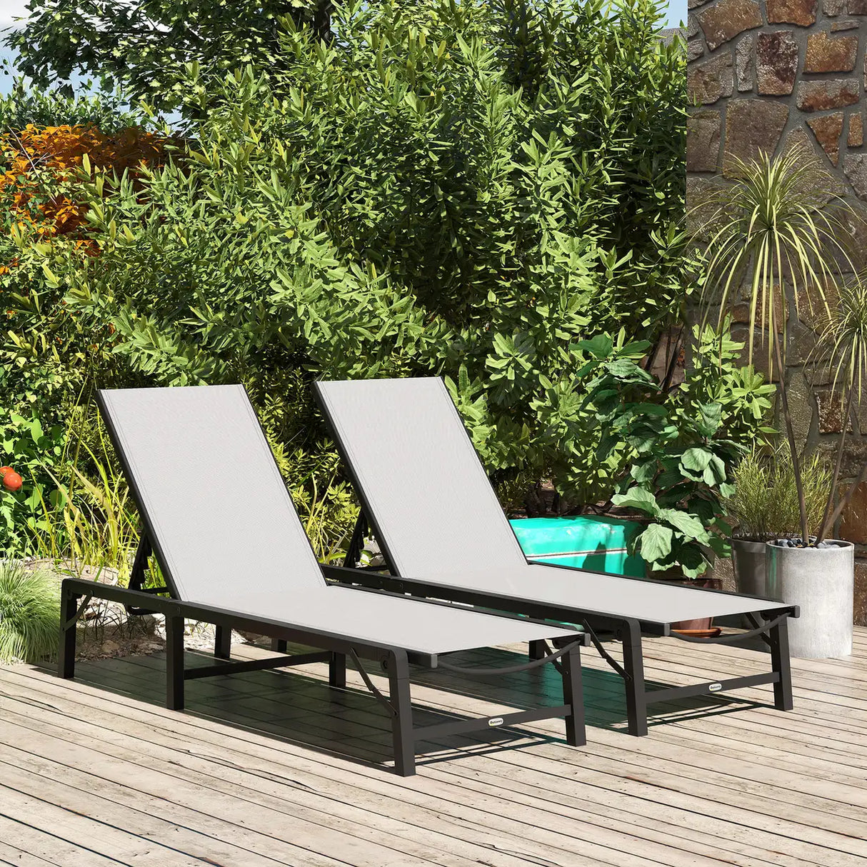 Outsunny Folding Sun Lounger Set of 2, 5-Position Adjustable Reclining Garden Loungers, Garden Chaise Lounge Sunbed Recliner Chairs with Steel Frame for Beach, Porch, Patio, Camping, Light Grey