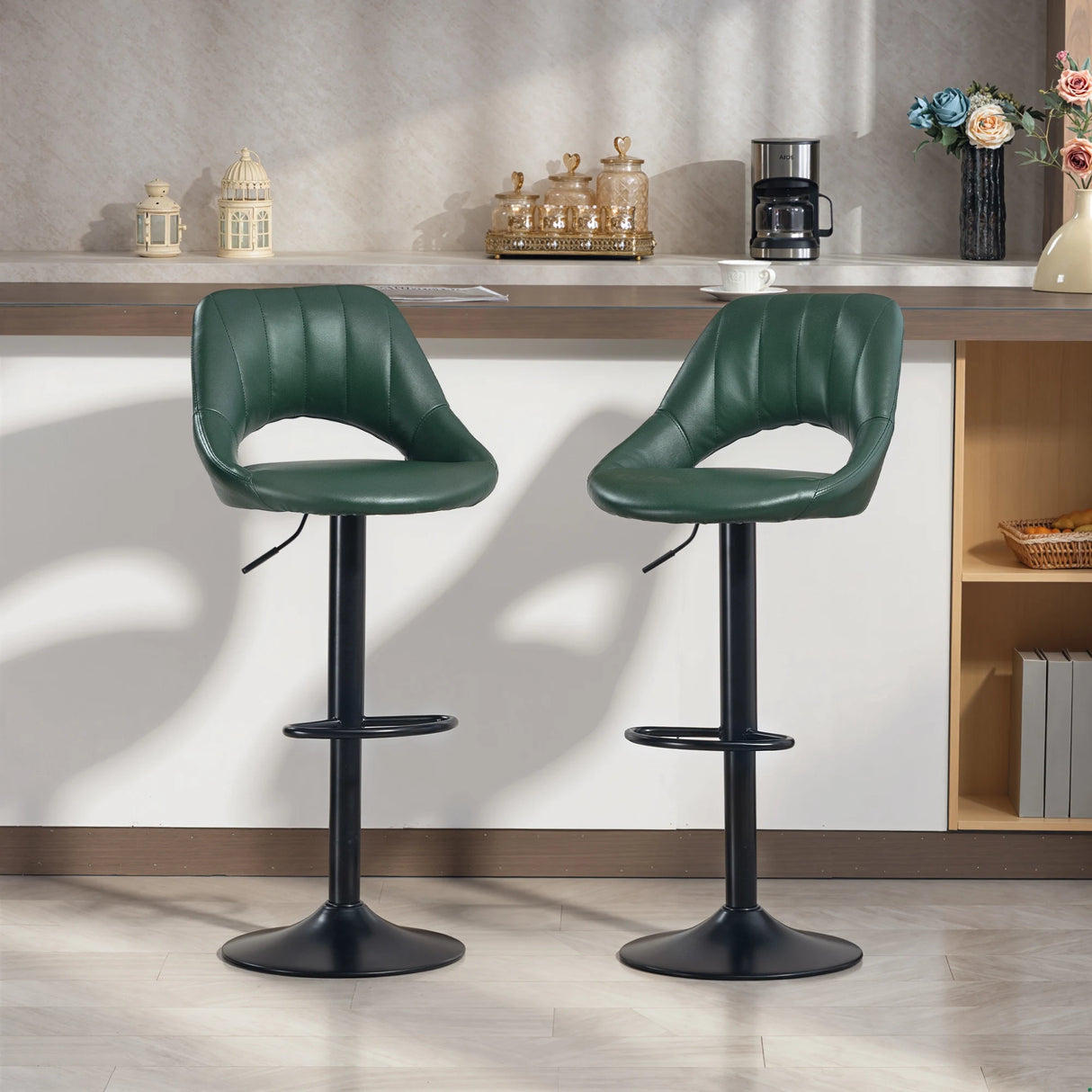 HOMCOM Set of Two Faux Leather Bar Stools - Dark Green
