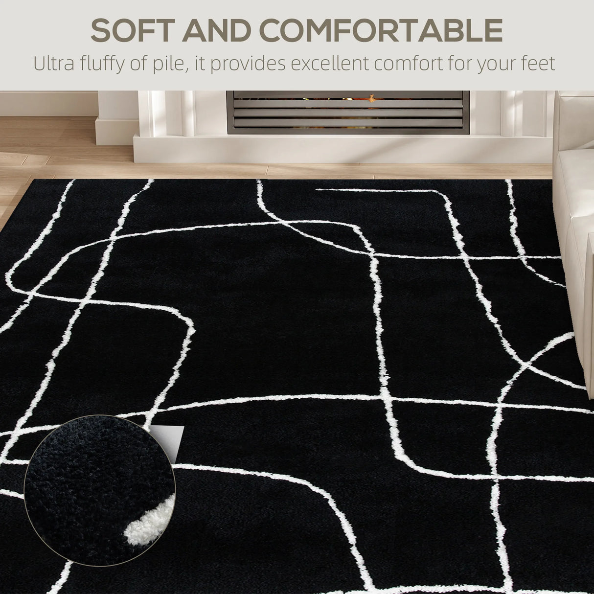 HOMCOM Modern Fluffy Area Rug, Geometric Pattern Washable Rug, Soft High Pile Floor Carpet for Living Room, Bedroom, Dining Room, Home Office, 170 x 120 cm, Black