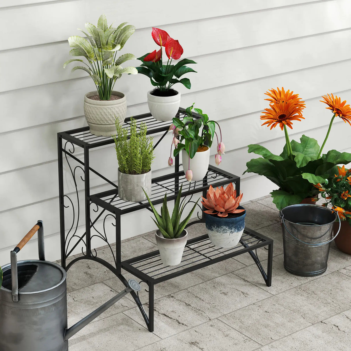 Outsunny Three-Tier Decorative Metal Plant Stand - Black