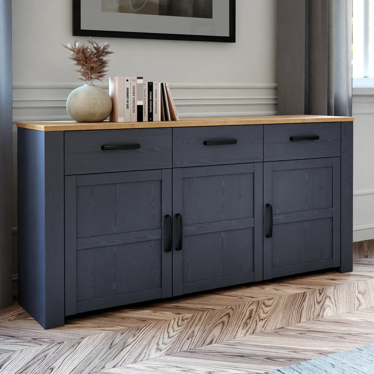 Bohol Sideboard 3 Drawer 3 Door in Navy and Oak