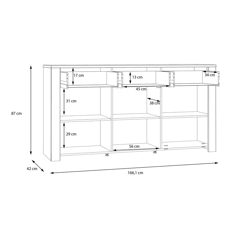 Bohol 3 Door 3 Drawer Sideboard in Grey/Riviera Oak