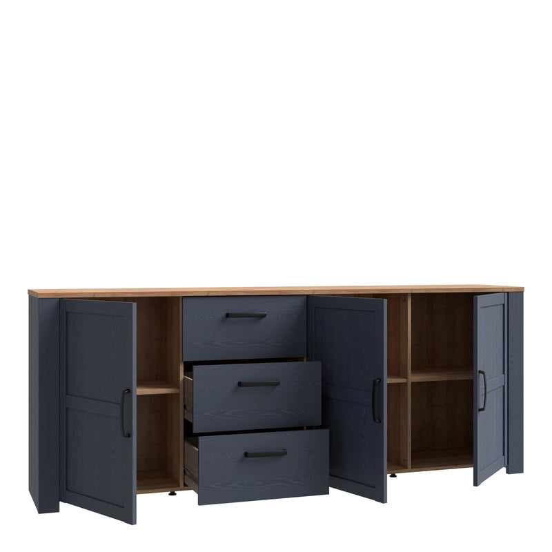 Bohol Large Sideboard 3 Door 3 Drawer in Navy/Riviera Oak