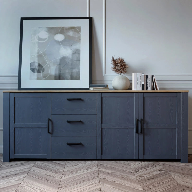 Bohol Large Sideboard 3 Door 3 Drawer in Navy/Riviera Oak