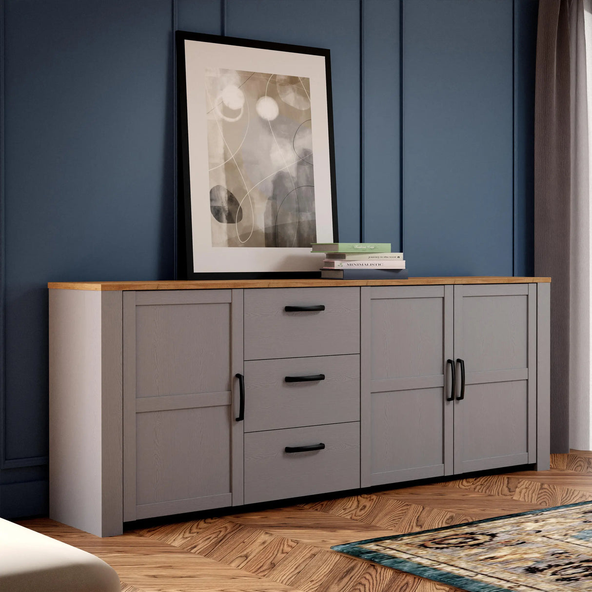 Bohol Large Sideboard 3 Drawer 3 Door in Grey and Oak