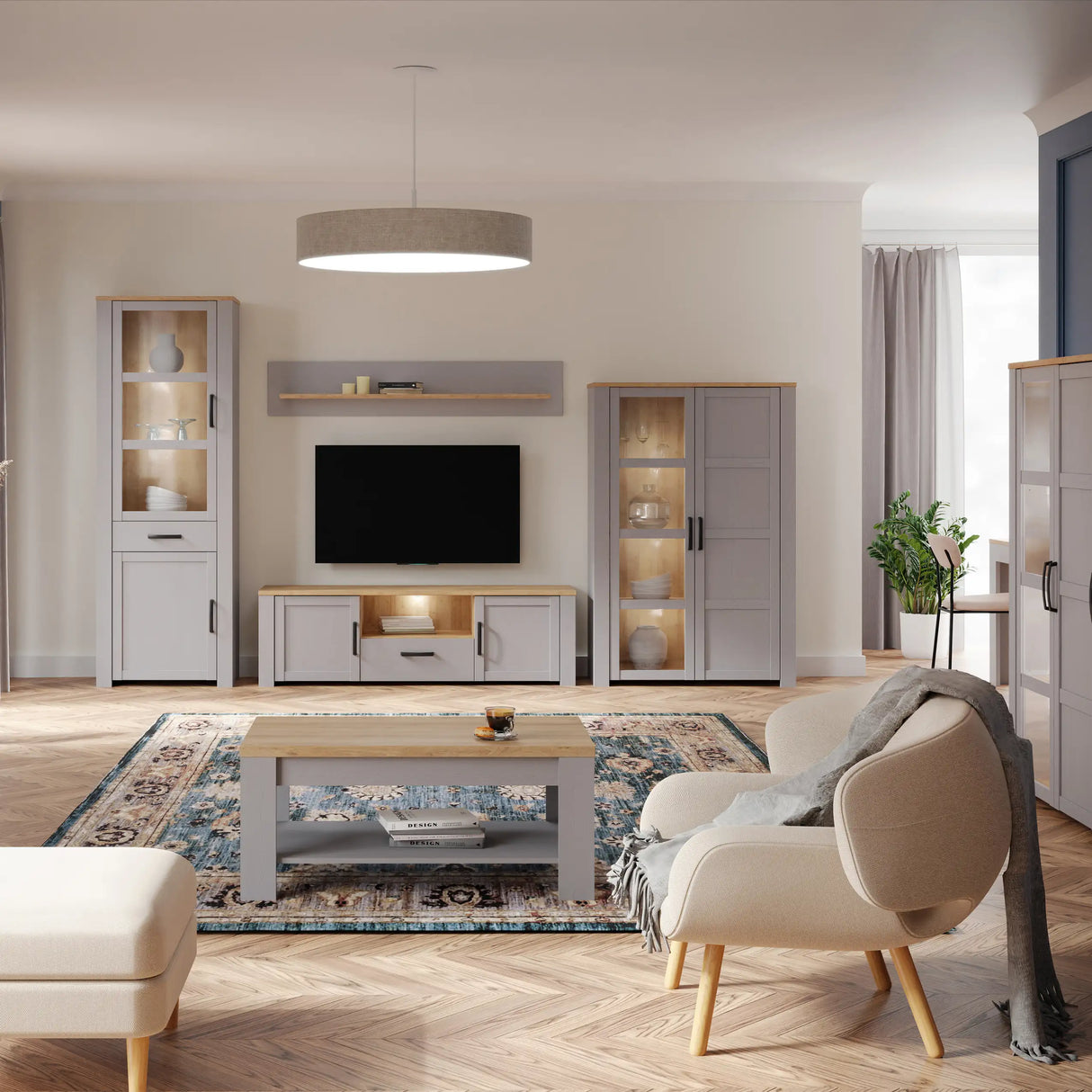 Bohol Display Cabinet with LED Lights in Grey Riviera Oak