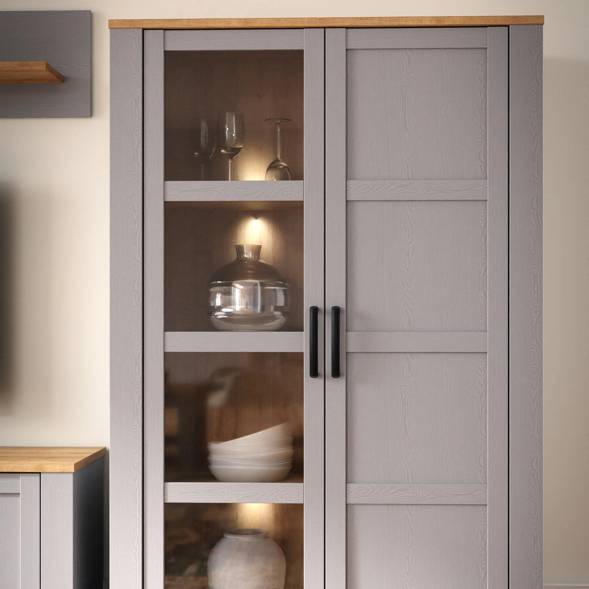 Bohol Display Cabinet with LED Lights in Grey Riviera Oak