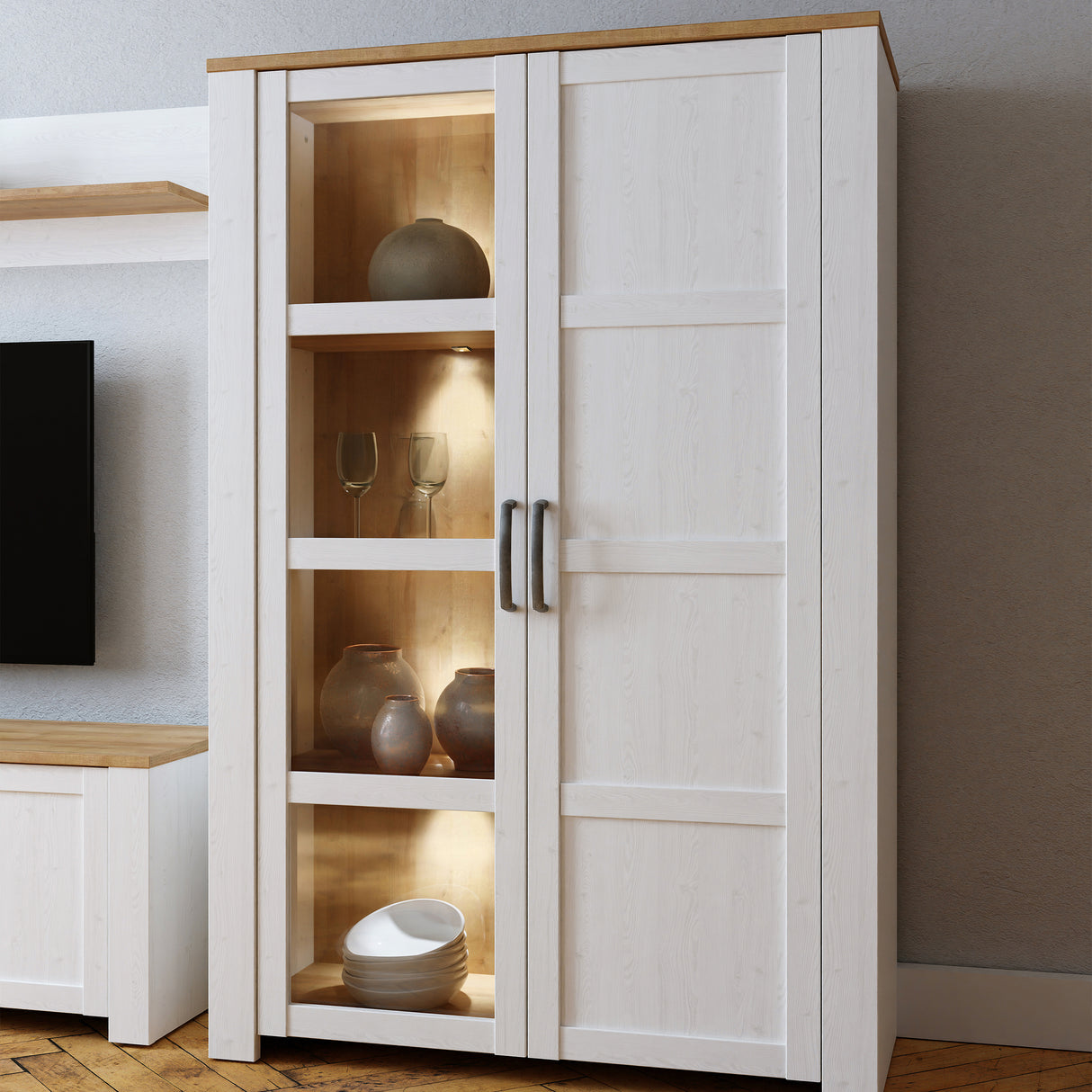 Bohol Display Cabinet Inkl. 2 x Lighting in Riviera Oak/White