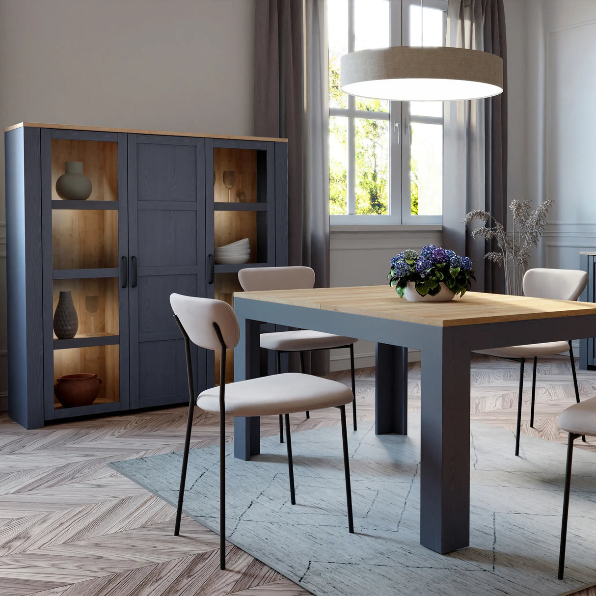 Bohol Large Display Cabinet 3 Door in Navy and Oak