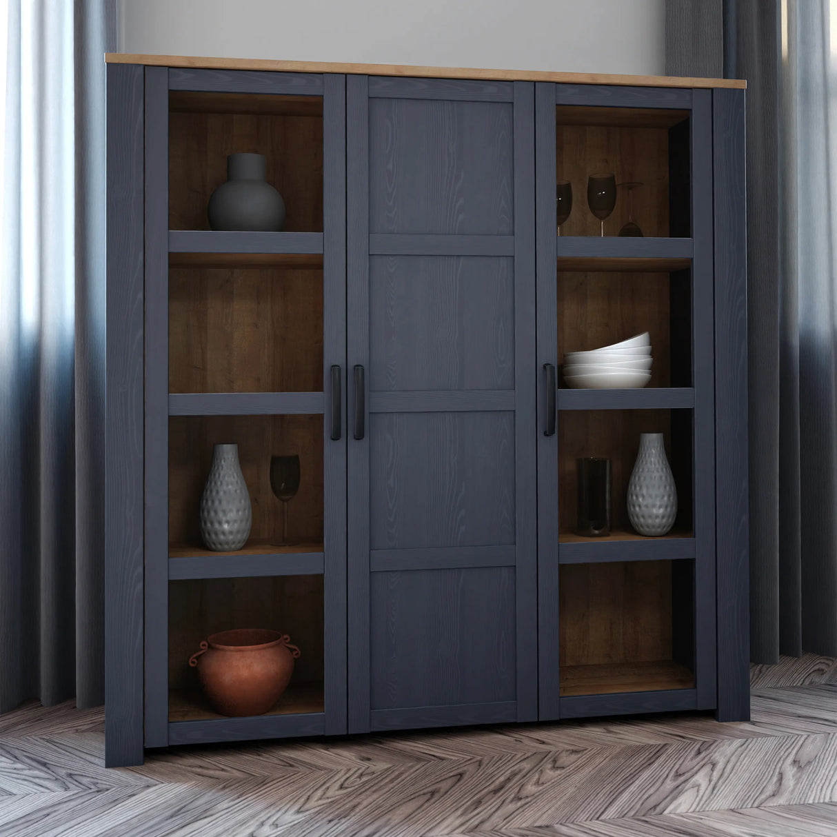 Bohol Large Display Cabinet 3 Door in Navy and Oak