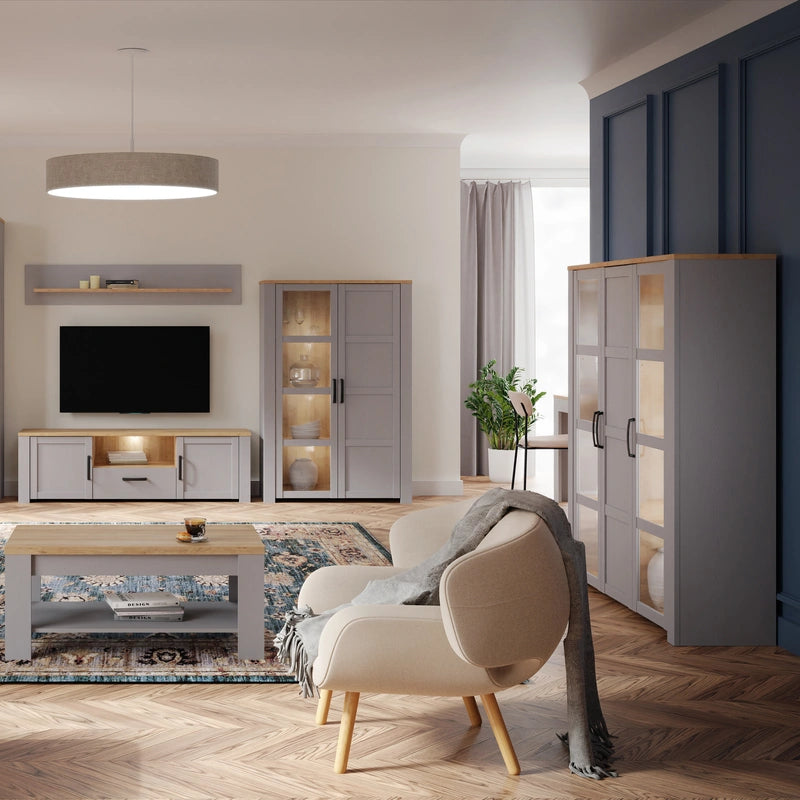 Bohol 3 Door Large Display Cabinet in Grey/Riviera Oak