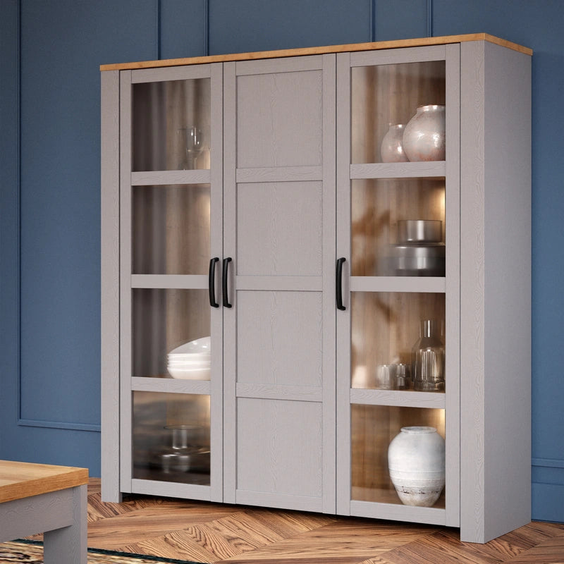 Bohol 3 Door Large Display Cabinet in Grey/Riviera Oak