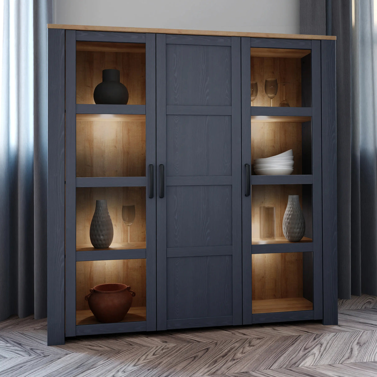 Bohol Large Display Cabinet with LED Lights in Navy Riviera Oak