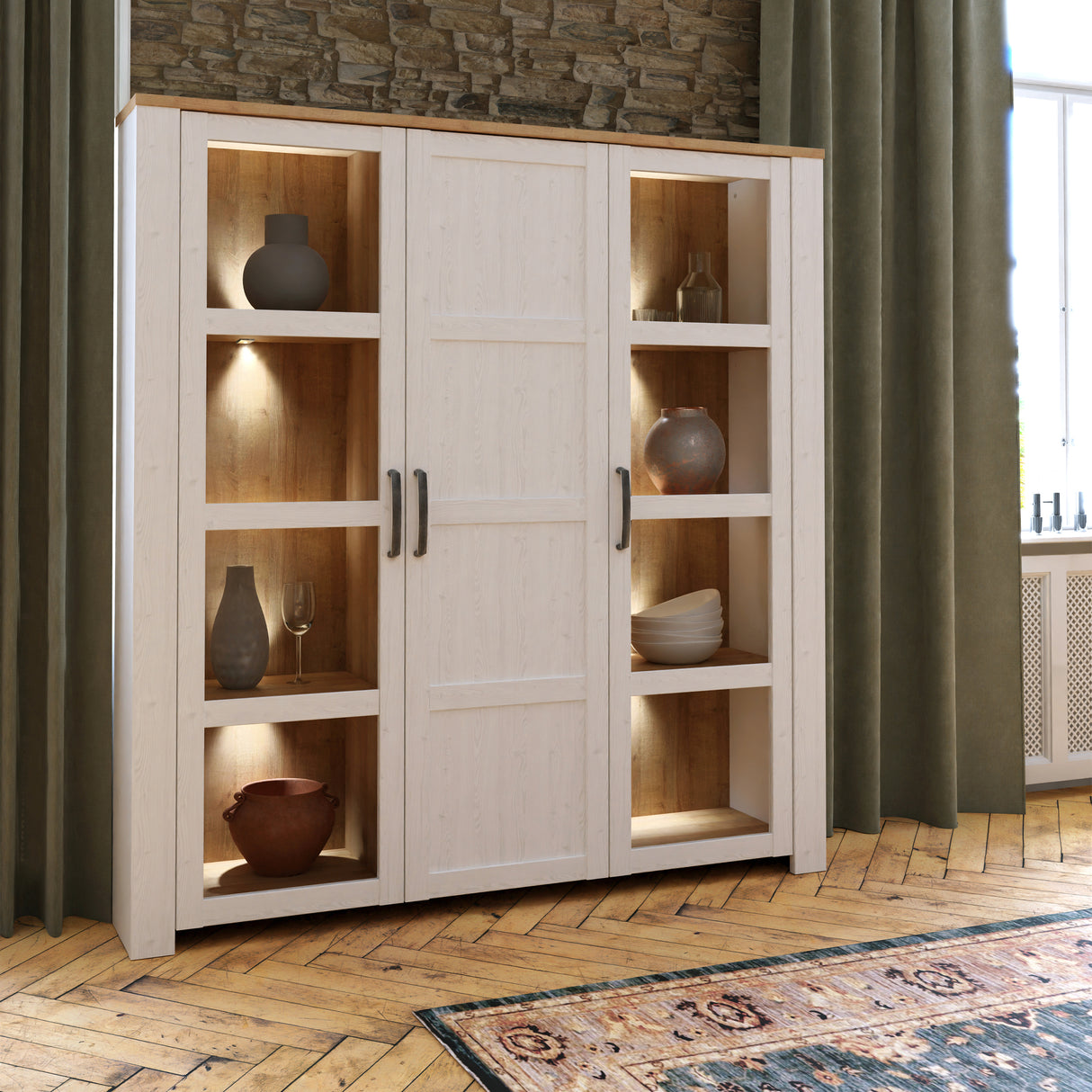 Bohol Large Display Cabinet Inkl. 4 x Lighting in Riviera Oak/White