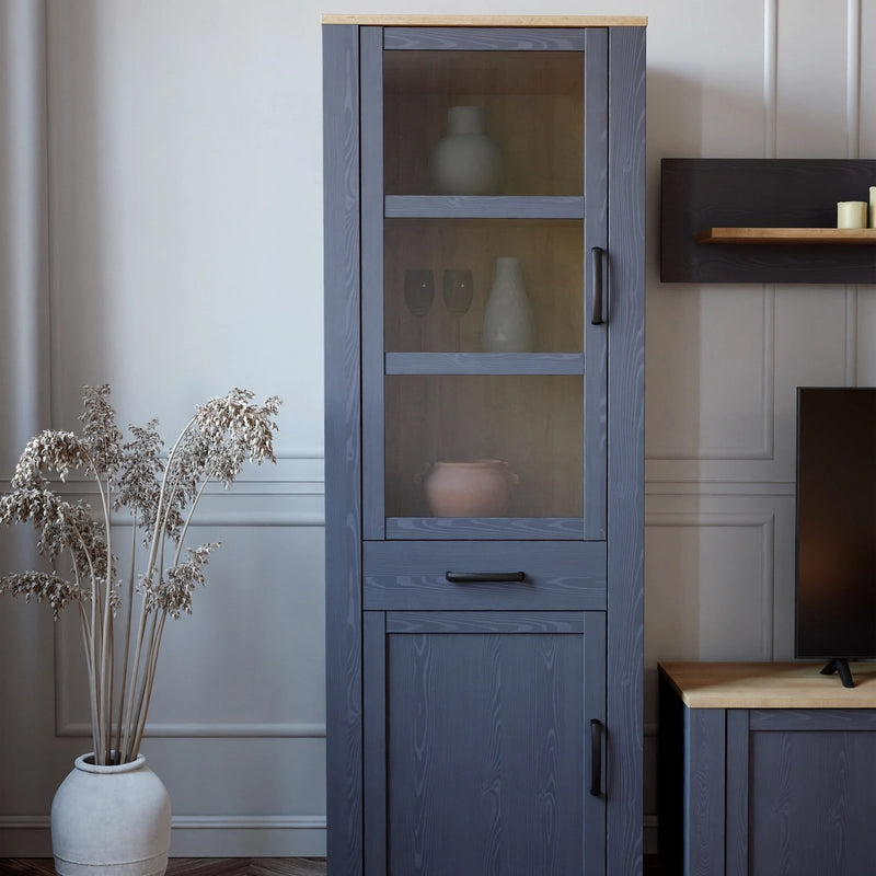 Bohol 2 Door 1 Drawer Narrow Display Cabinet in Navy/Riviera Oak