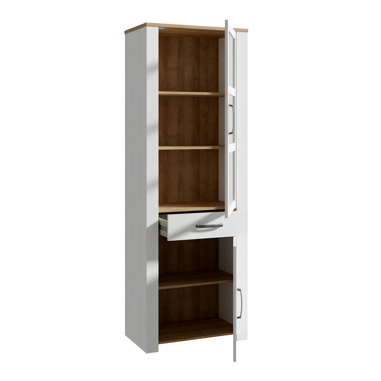 Bohol Narrow Display Cabinet 2 Door 1 Drawer in White and Oak