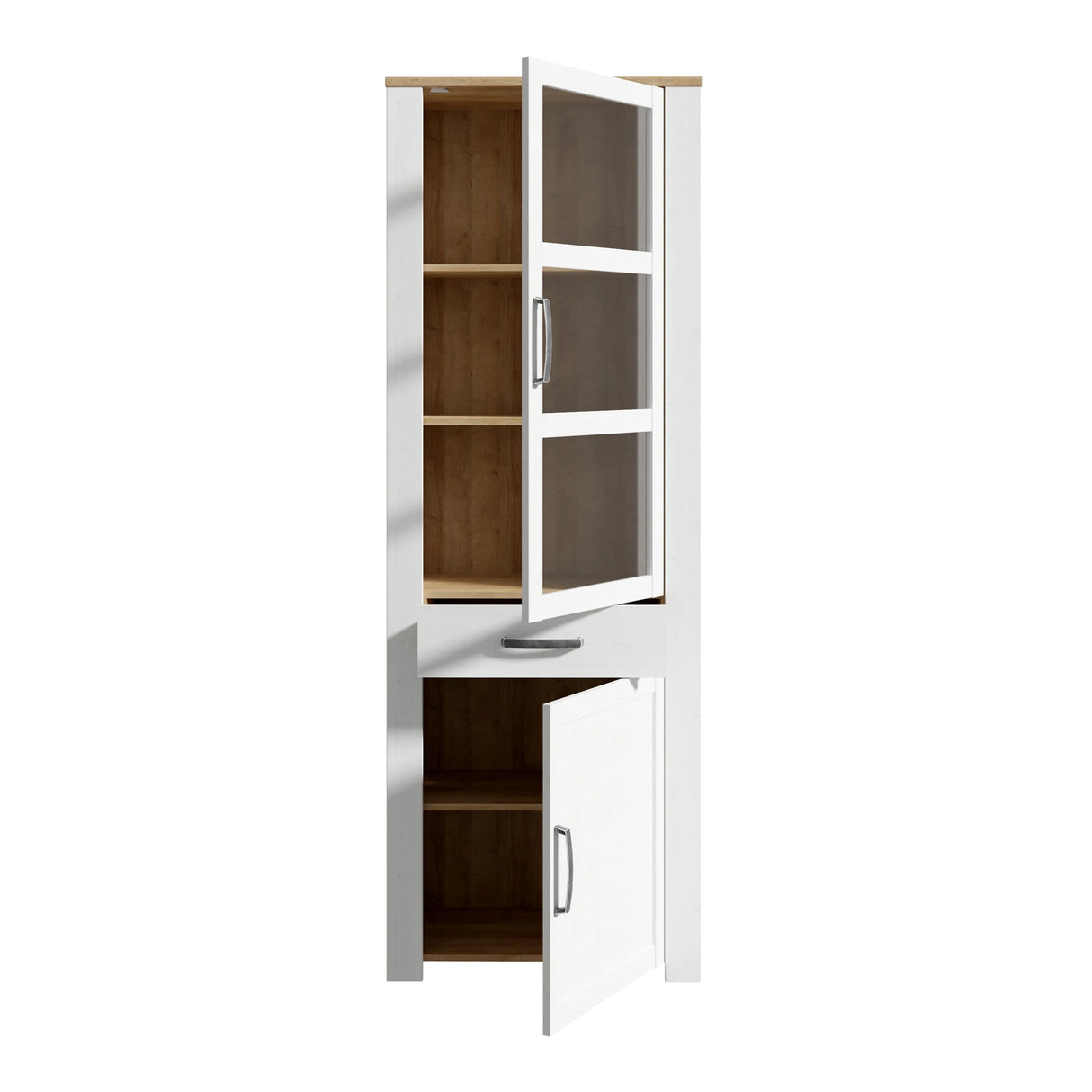 Bohol Narrow Display Cabinet 2 Door 1 Drawer in White and Oak