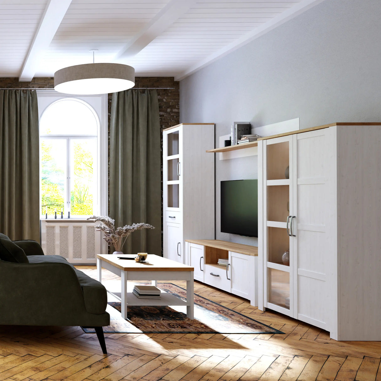 Bohol Narrow Display Cabinet 2 Door 1 Drawer in White and Oak