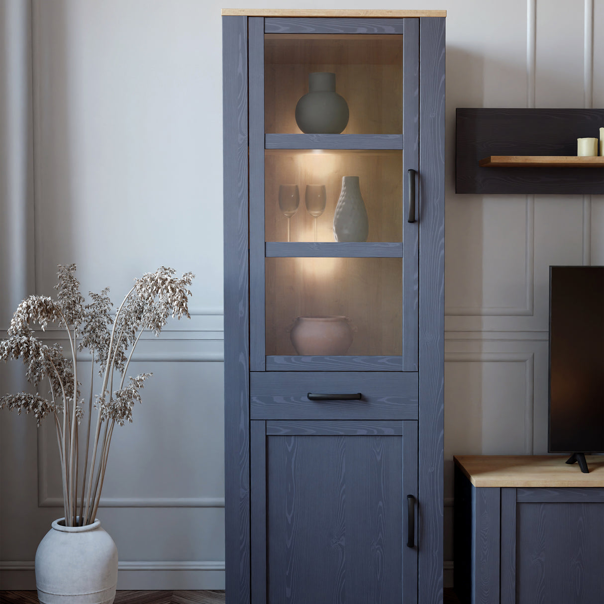 Bohol Narrow Display Cabinet Inkl. 2 x Lighting in Riviera Oak/Navy