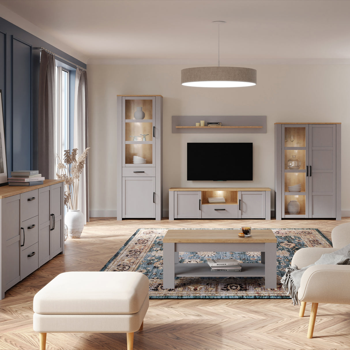 Bohol Narrow Display Cabinet Inkl. 2 x Lighting in Riviera Oak/Grey Oak