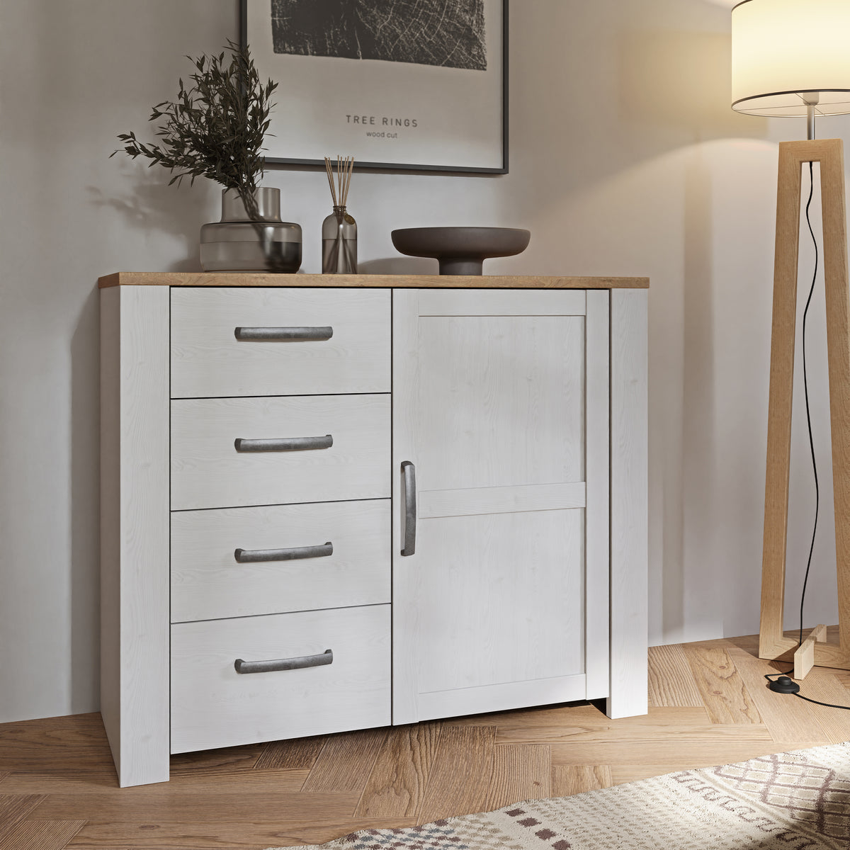 Bohol 1 Door 4 Drawer Chest in White/Riviera Oak