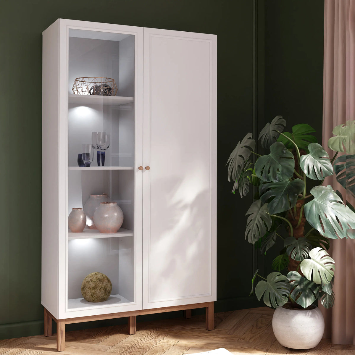 Wensley Display Cabinet with 1 Door and 1 Glass Door in Light Grey and Oak inc LED Lighting