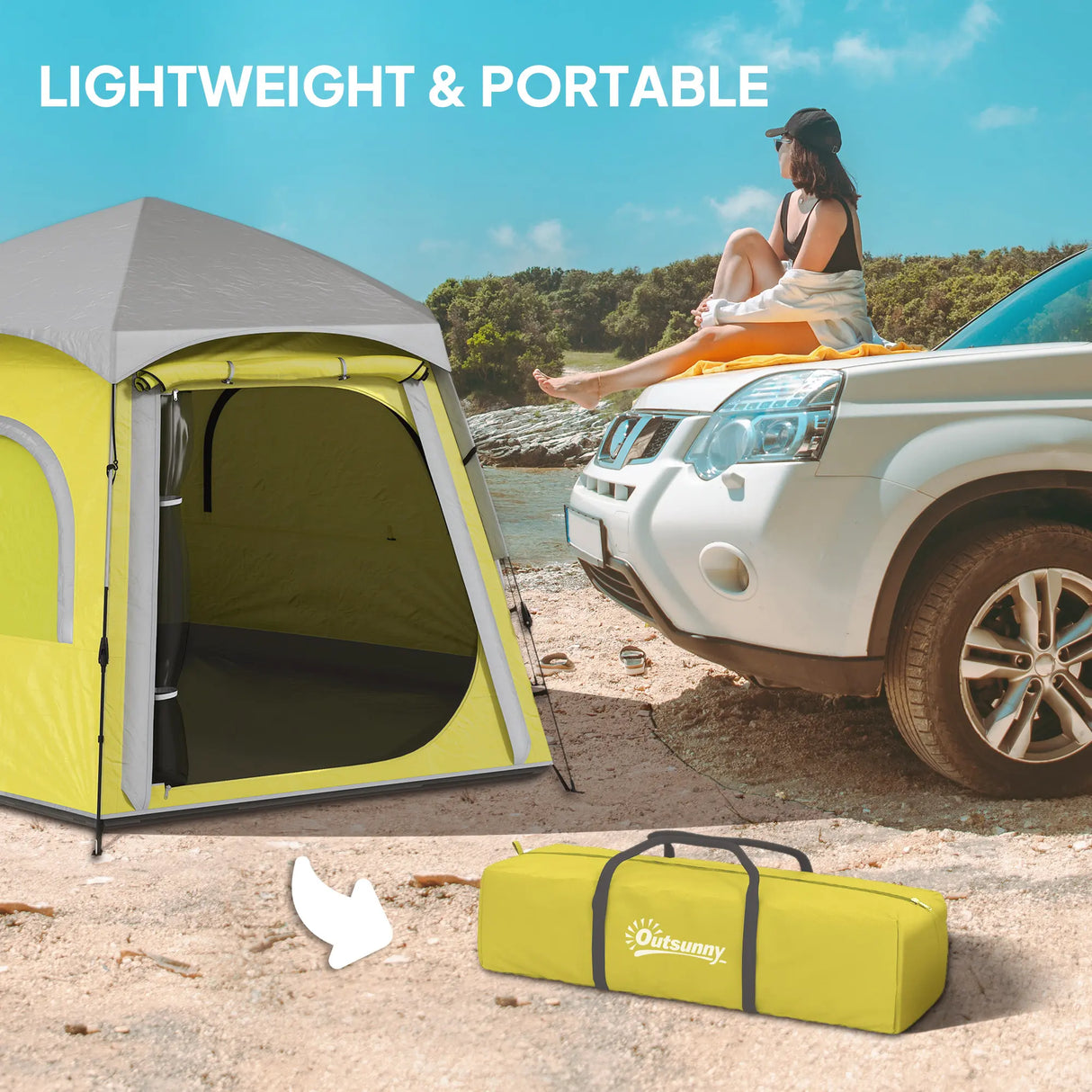 Outsunny Instant Pop Up Camping Tent, 2/3/4 Person Easy Setup Dome Family Tent with Vestibule, Rainfly, 4 Mesh Windows & 2 Doors, Hexagonal Design, Waterproof & UV Protected, Yellow Green