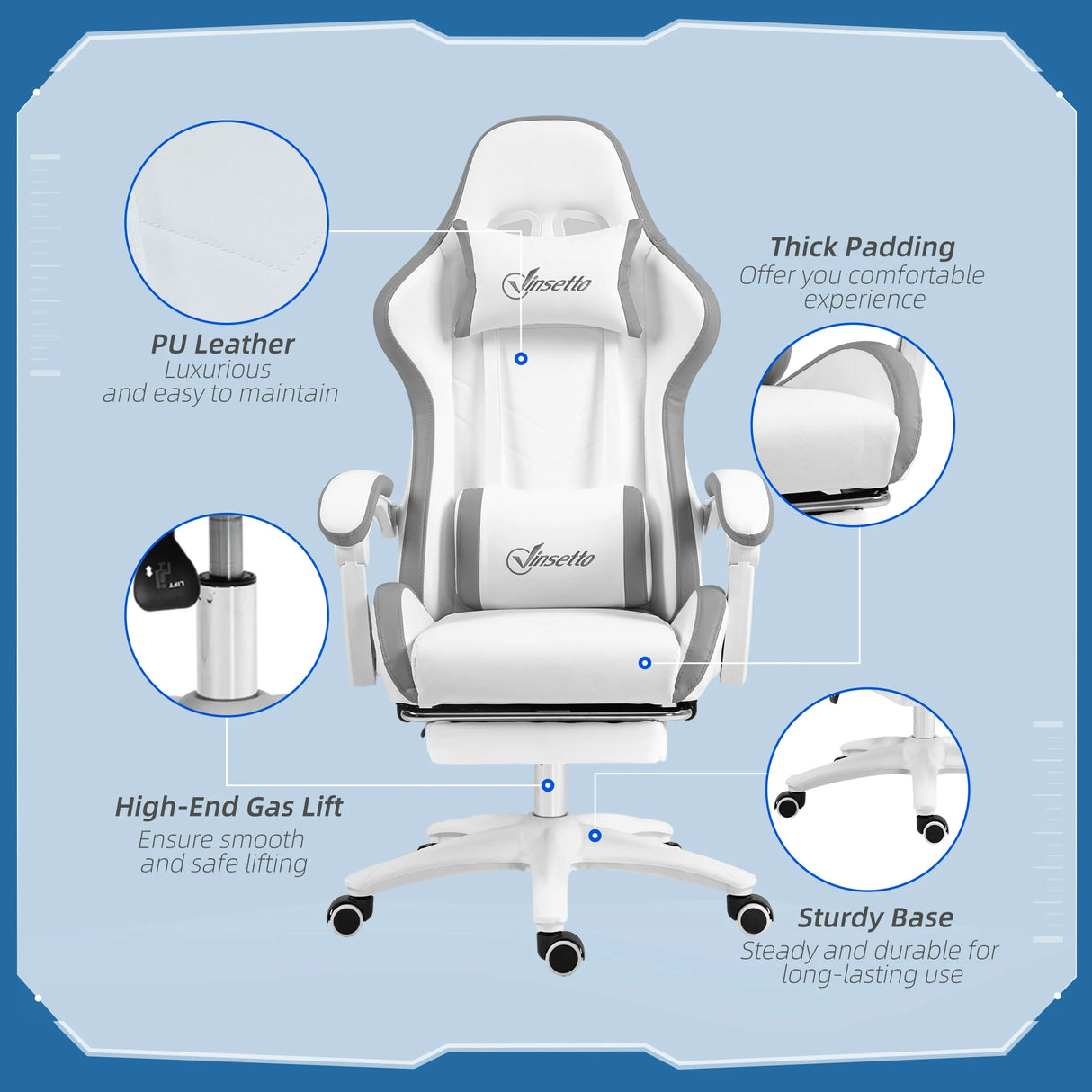 Vinsetto Computer Gaming Chair, PU Leather Desk Chair with Footrest, Swivel Task Chair with 135 Reclining Back and Lumbar Support, PC Chair for Adults, White and Grey