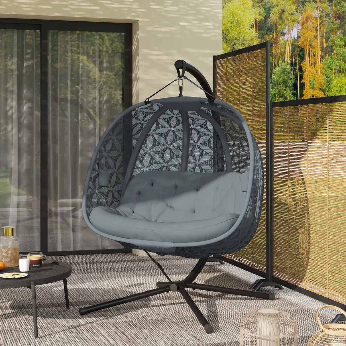 Outsunny Outdoor Double Hanging Chair with Cushion and Cup Holders, Charcoal Grey