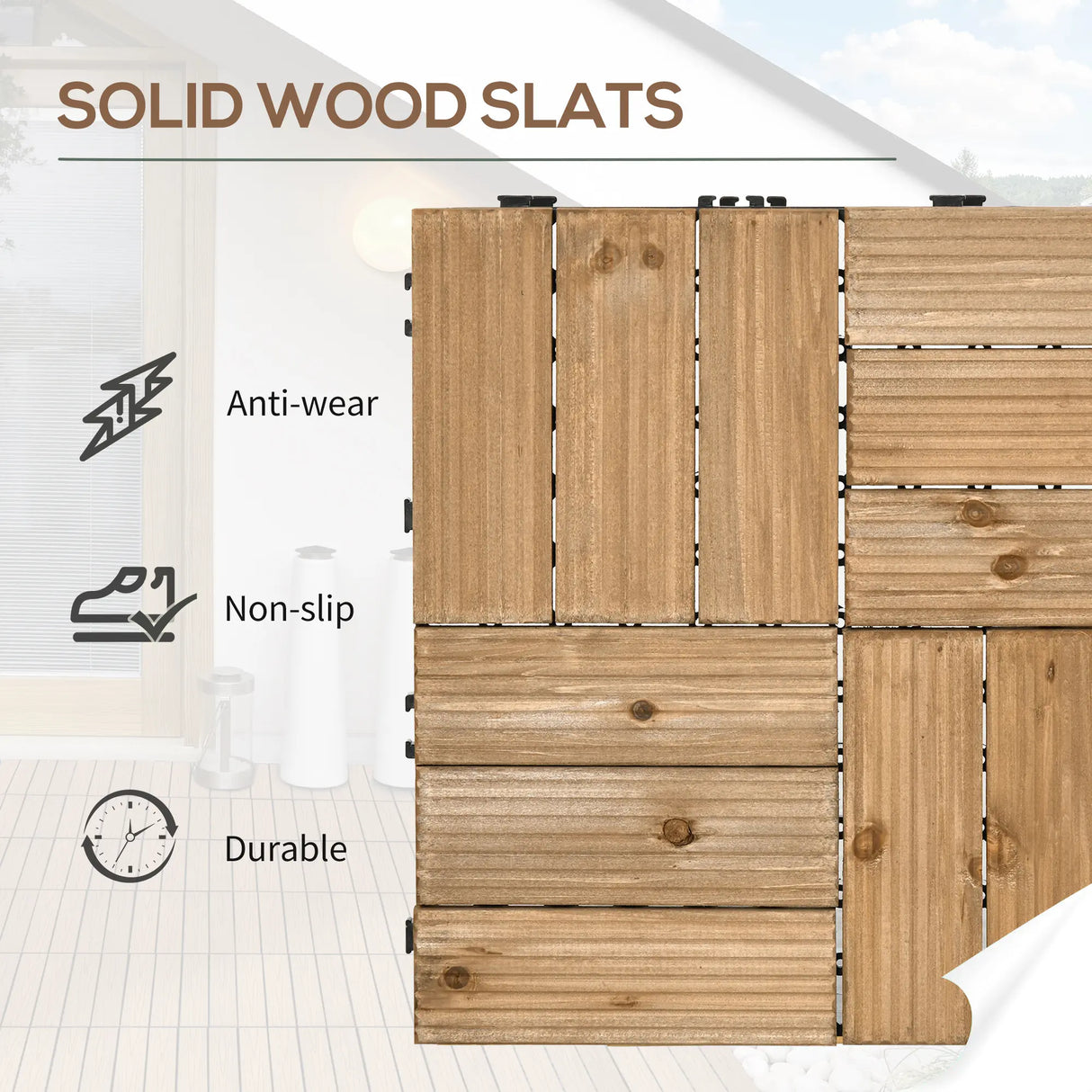 Outsunny 27 Pcs Wooden Interlocking Decking Tiles, Outdoor Flooring Tiles for Patio, Balcony, Terrace, Hot Tub, 30 x 30 cm per Piece, 2.5 per Pack, Brown