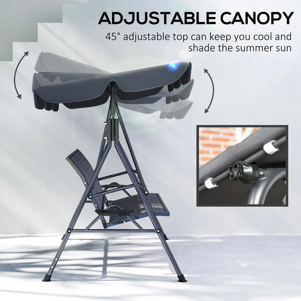 Outsunny 3 Seater Swing Chair, Garden Swing Seat Bench with Adjustable Canopy, Rattan Seat and Steel Frame for Patio, Yard, Grey