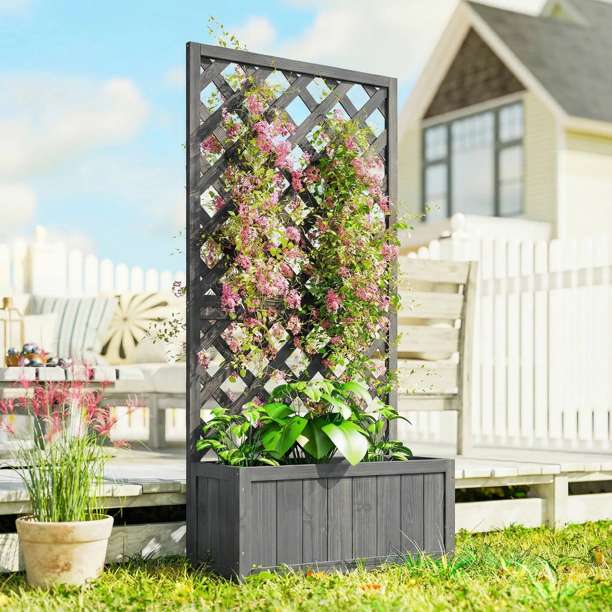 Outsunny Wood Planter with Trellis for Climbing Plants, Raised Bed, Planter Box with Drainage Holes to Grow Herbs Flowers, Grey