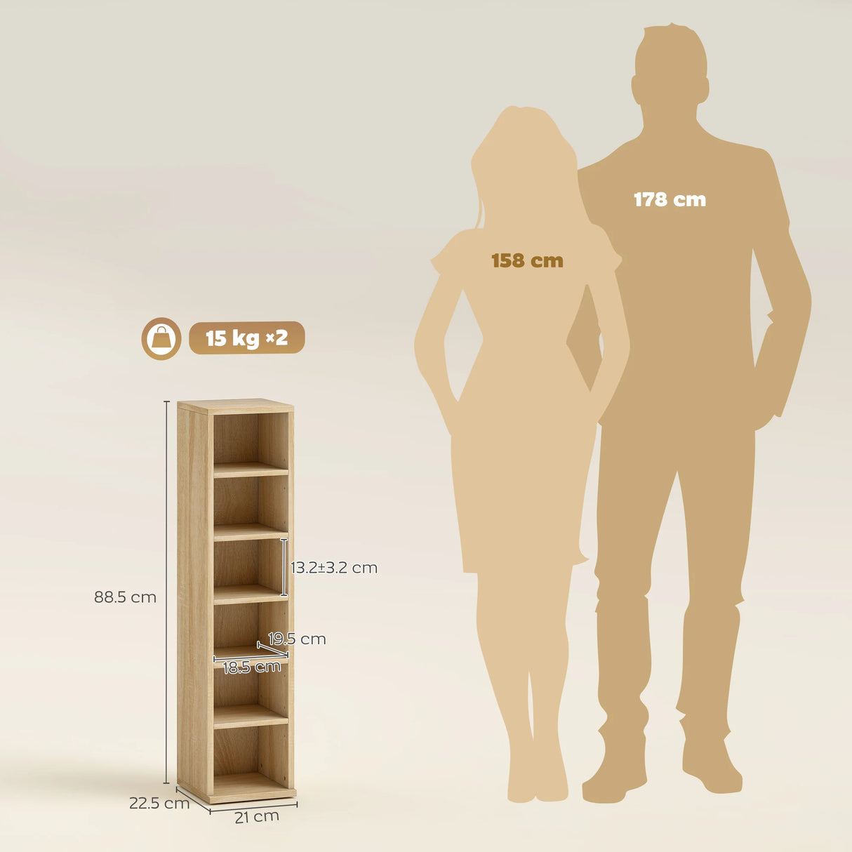 HOMCOM Set of 2 CD Media Display Shelf Unit Tower Rack with Adjustable Shelves, Oak